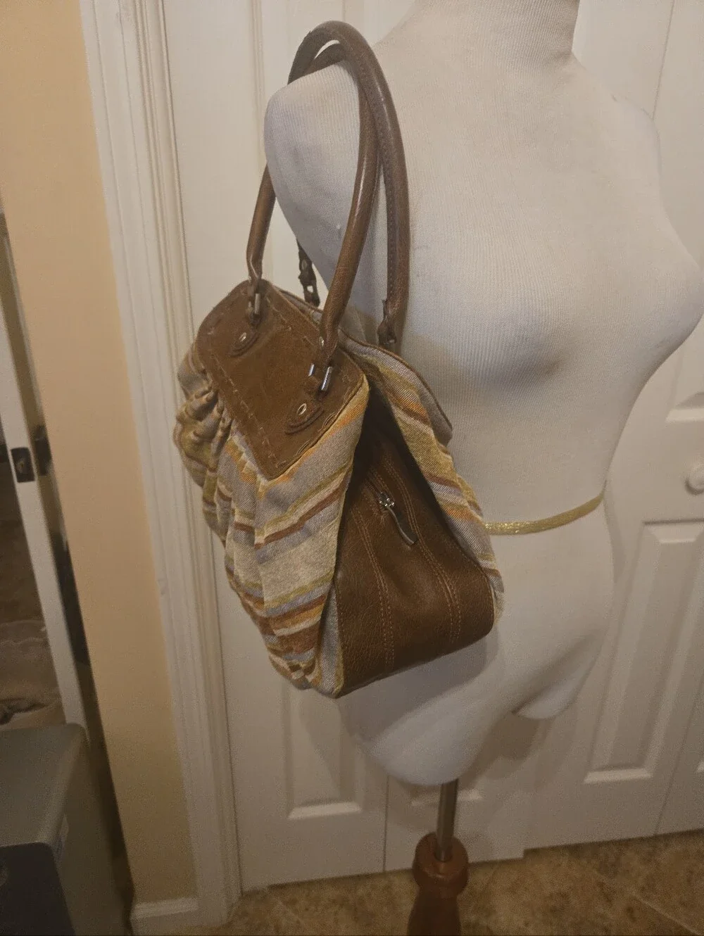 Woven Striped Tote Bag with Brown Leather Trim, Made In Italy